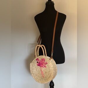 Nordstrom straw bag, flamingo embroidery detail